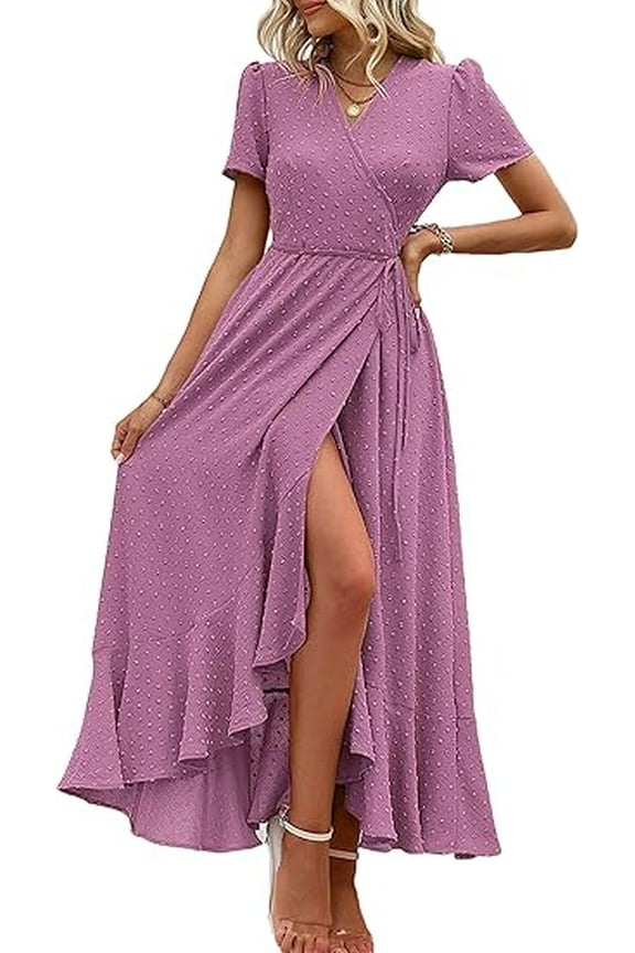 Women's Summer Maxi Dress Casual Wrap Floral Boho Short Sleeve V Neck Split Ruffle Beach Long Dresses