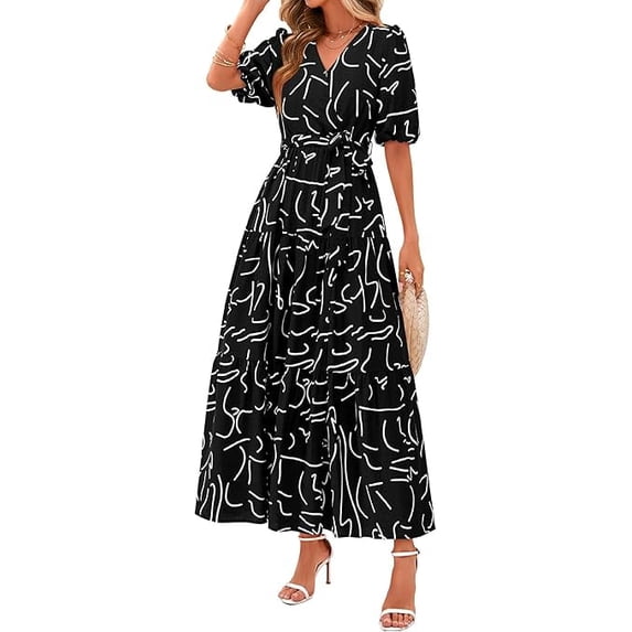 PRETTYGARDEN Women's Summer Maxi Dress Resort Wear Boho Floral V Neck Puff Short Sleeve Ruffle Flowy Beach Long Dresses