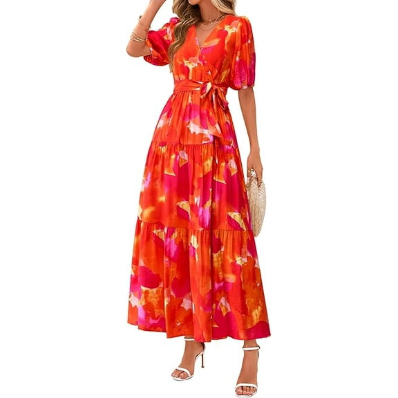 PRETTYGARDEN Women's Summer Maxi Dress Resort Wear Boho Floral V Neck Puff Short Sleeve Ruffle Flowy Beach Long Dresses