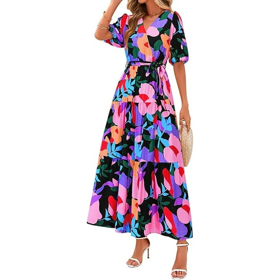 PRETTYGARDEN Women's Summer Maxi Dress Resort Wear Boho Floral V Neck Puff Short Sleeve Ruffle Flowy Beach Long Dresses