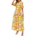 thumbnail image 1 of PRETTYGARDEN Women's Summer Maxi Dress Resort Wear Boho Floral V Neck Puff Short Sleeve Ruffle Flowy Beach Long Dresses, 1 of 7