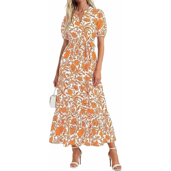 PRETTYGARDEN Women's Summer Maxi Dresses Boho Floral Short Sleeve V Neck Casual Wedding Guest Beach Vacation Outfits