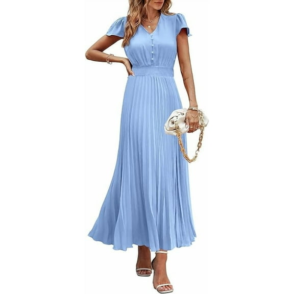 PRETTYGARDEN Women's Summer Maxi Dresses Trendy Casual Button V Neck Ruffle Cap Sleeve Long Flowy Pleated Dress