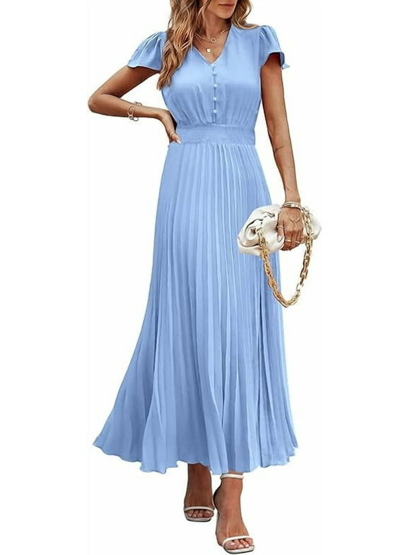 Women's Summer Maxi Dresses Trendy Casual Button V Neck Ruffle Cap Sleeve Long Flowy Pleated Dress