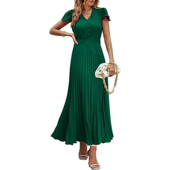 PRETTYGARDEN Women's Summer Maxi Dresses Trendy Casual Button V Neck Ruffle Cap Sleeve Long Flowy Pleated Dress