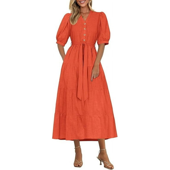 PRETTYGARDEN Women's Summer Midi Dress Casual Short Sleeve V Neck Buttons Belted Ruffle A Line Flowy Dress with Pockets