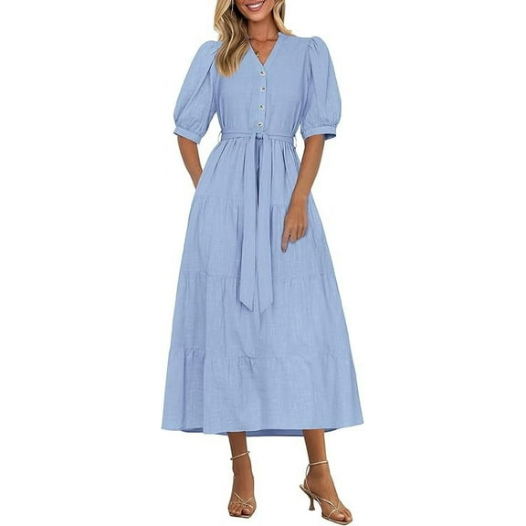 PRETTYGARDEN Women's Summer Midi Dress Casual Short Sleeve V Neck Buttons Belted Ruffle A Line Flowy Dress with Pockets