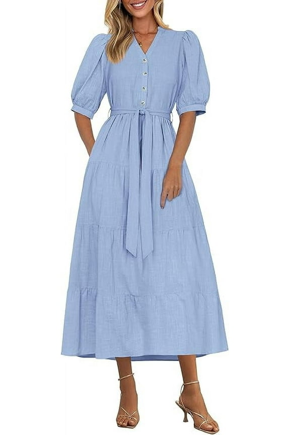 Women's Summer Midi Dress Casual Short Sleeve V Neck Buttons Belted Ruffle A Line Flowy Dress with Pockets