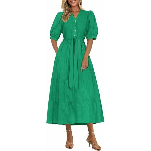 PRETTYGARDEN Women's Summer Midi Dress Casual Short Sleeve V Neck Buttons Belted Ruffle A Line Flowy Dress with Pockets