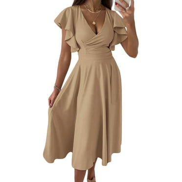 PRETTYGARDEN Women's Summer Midi Dress Ruffle Cap Sleeve V Neck Cocktail Party Swing A Line Fit and Flared Dresses