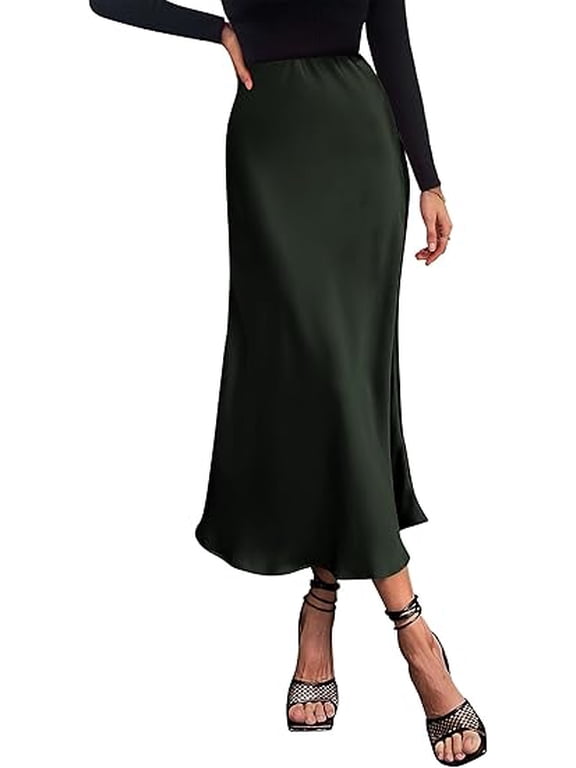 Women's Summer Midi Satin Skirt Dressy Casual High Waisted A Line Flowy Ruffle Elegant Party Skirts