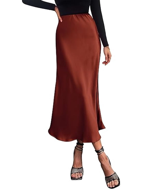 Women's Summer Midi Satin Skirt Dressy Casual High Waisted A Line Flowy Ruffle Elegant Party Skirts