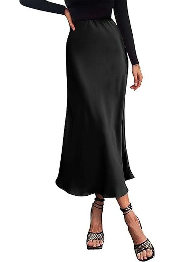 Women's Summer Midi Satin Skirt Dressy Casual High Waisted A Line Flowy Ruffle Elegant Party Skirts