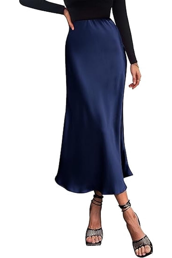 Women's Summer Midi Satin Skirt Dressy Casual High Waisted A Line Flowy Ruffle Elegant Party Skirts