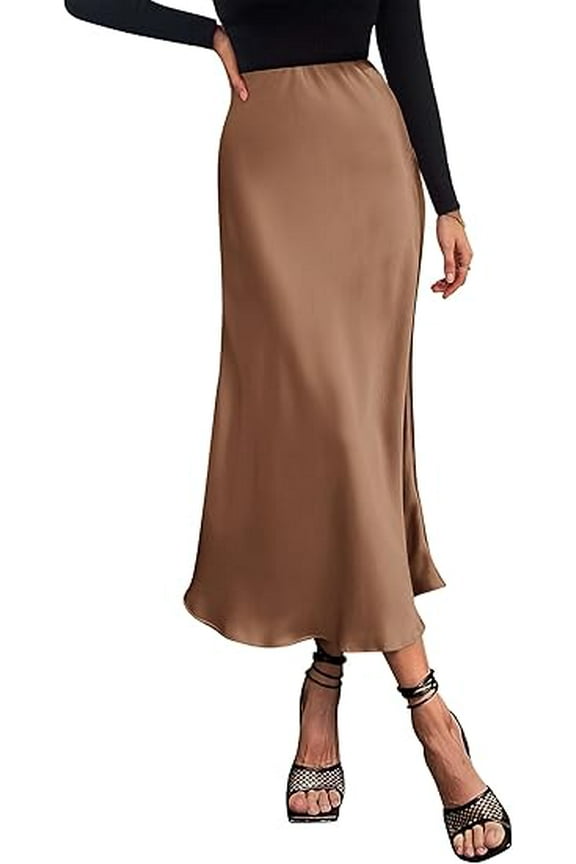 Women's Summer Midi Satin Skirt Dressy Casual High Waisted A Line Flowy Ruffle Elegant Party Skirts