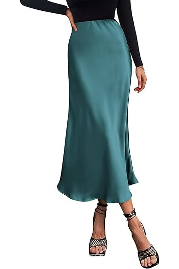 Women's Summer Midi Satin Skirt Dressy Casual High Waisted A Line Flowy Ruffle Elegant Party Skirts