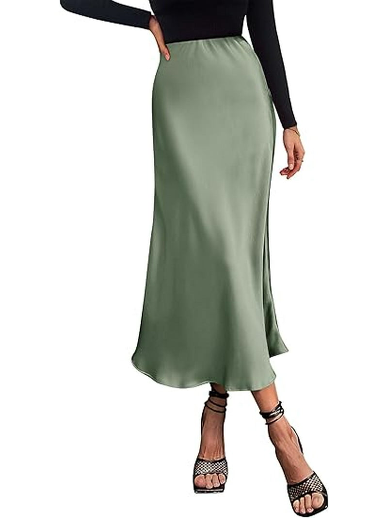 PRETTYGARDEN Women's Summer Midi Satin Skirt Dressy Casual High
