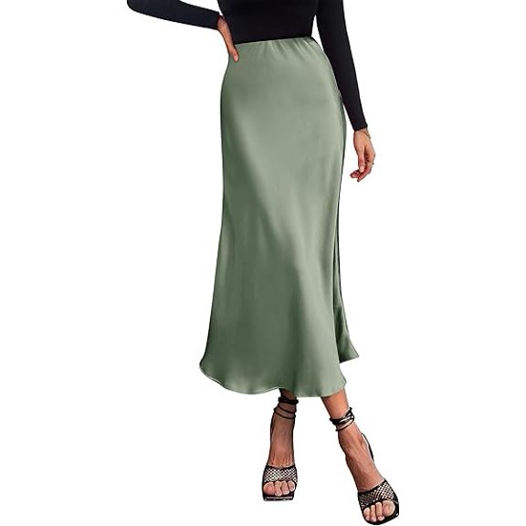 PRETTYGARDEN Women's Summer Midi Satin Skirt Dressy Casual High Waisted A Line Flowy Ruffle Elegant Party Skirts