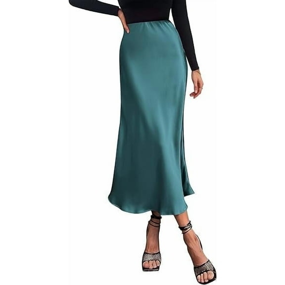 PRETTYGARDEN Women's Summer Midi Satin Skirt Dressy Casual High Waisted A Line Flowy Ruffle Elegant Party Skirts