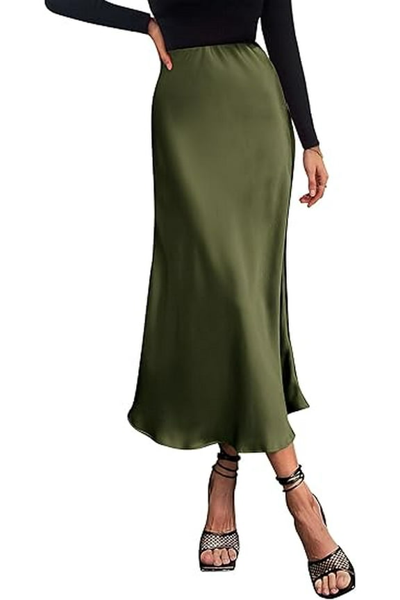 Women's Summer Midi Satin Skirt Dressy Casual High Waisted A Line Flowy Ruffle Elegant Party Skirts