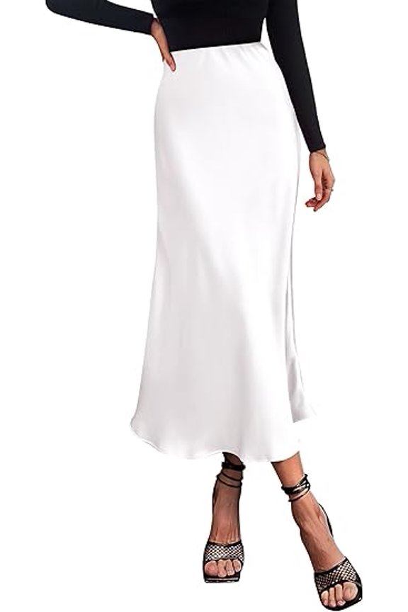Women's Summer Midi Satin Skirt Dressy Casual High Waisted A Line Flowy Ruffle Elegant Party Skirts