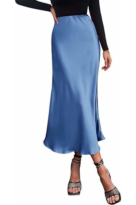 Women's Summer Midi Satin Skirt Dressy Casual High Waisted A Line Flowy Ruffle Elegant Party Skirts