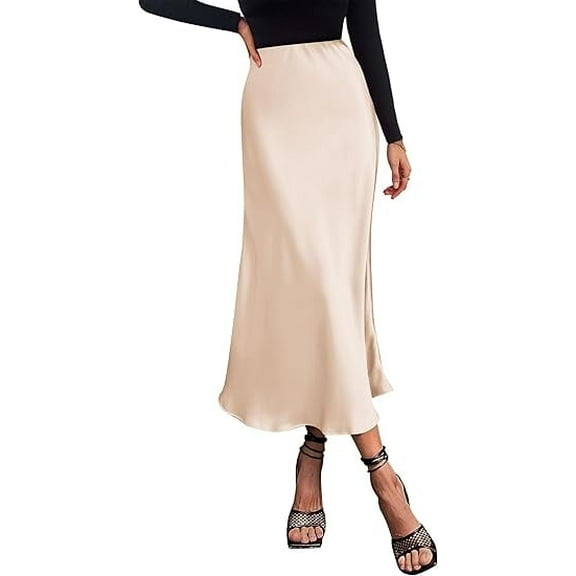 PRETTYGARDEN Women's Summer Midi Satin Skirt Dressy Casual High Waisted A Line Flowy Ruffle Elegant Party Skirts