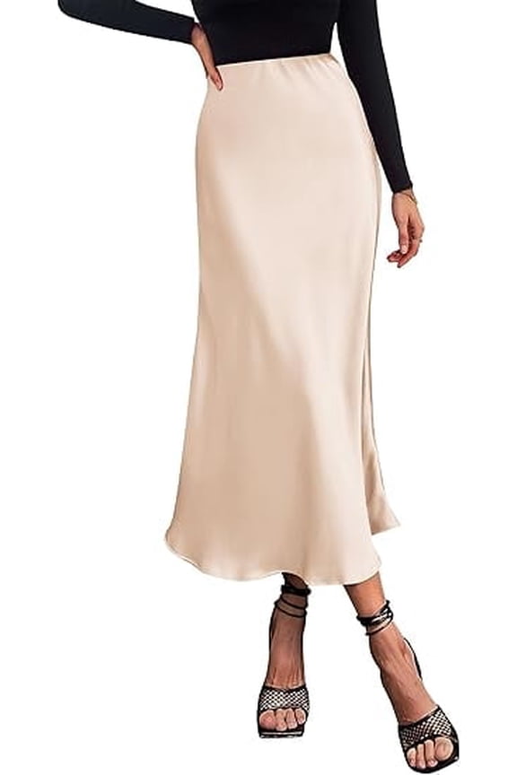 Women's Summer Midi Satin Skirt Dressy Casual High Waisted A Line Flowy Ruffle Elegant Party Skirts
