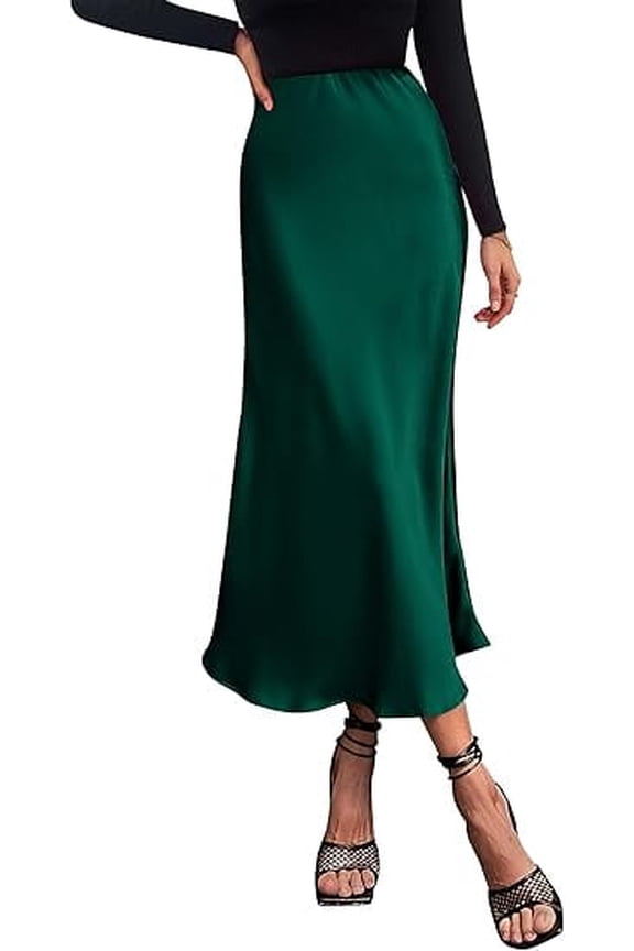 Women's Summer Midi Satin Skirt Dressy Casual High Waisted A Line Flowy Ruffle Elegant Party Skirts