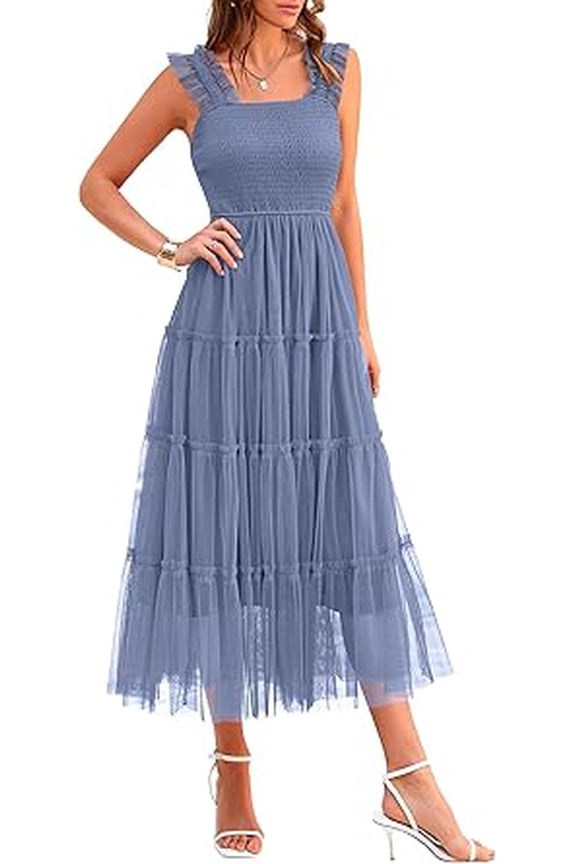 Women's Midi Tulle Dress Sleeveless Smocked Square Neck Ruffle Flowy Party Wedding Guest Sundress