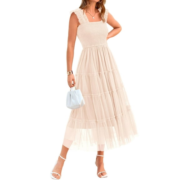 PRETTYGARDEN Women's Midi Tulle Dress Sleeveless Smocked Square Neck Ruffle Flowy Party Wedding Guest Sundress