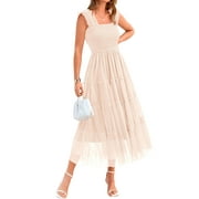 PRETTYGARDEN Womens Midi Tulle Dress Sleeveless Smocked Square Neck Ruffle Flowy Party Wedding Guest Sundress