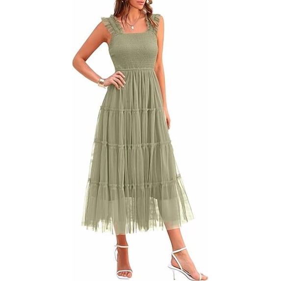 PRETTYGARDEN Women's Midi Tulle Dress Sleeveless Smocked Square Neck Ruffle Flowy Party Wedding Guest Sundress