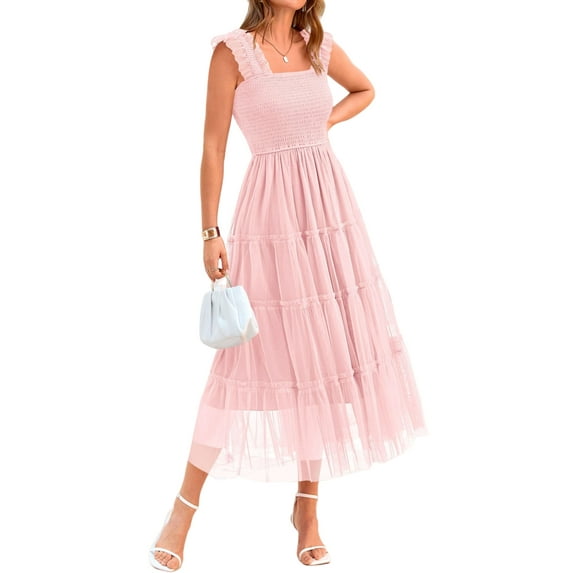 PRETTYGARDEN Women's Midi Tulle Dress Sleeveless Smocked Square Neck Ruffle Flowy Party Wedding Guest Sundress