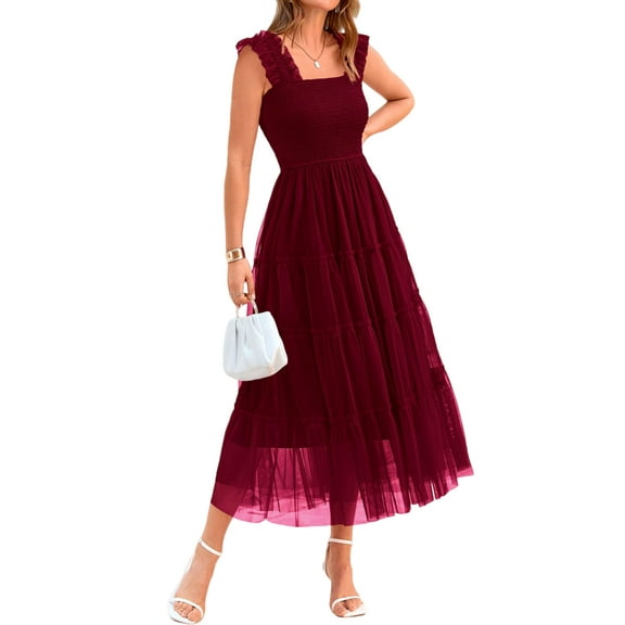 PRETTYGARDEN Women's Midi Tulle Dress Sleeveless Smocked Square Neck Ruffle Flowy Party Wedding Guest Sundress
