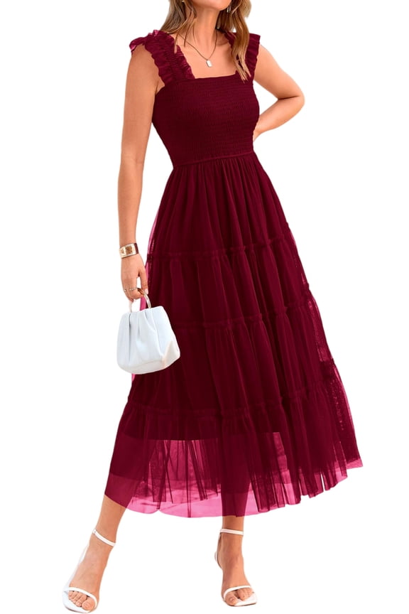 Women's Midi Tulle Dress Sleeveless Smocked Square Neck Ruffle Flowy Party Wedding Guest Sundress