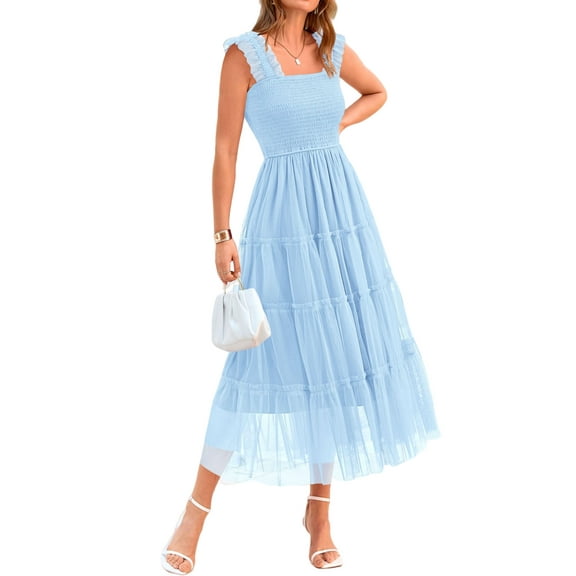 PRETTYGARDEN Women's Midi Tulle Dress Sleeveless Smocked Square Neck Ruffle Flowy Party Wedding Guest Sundress
