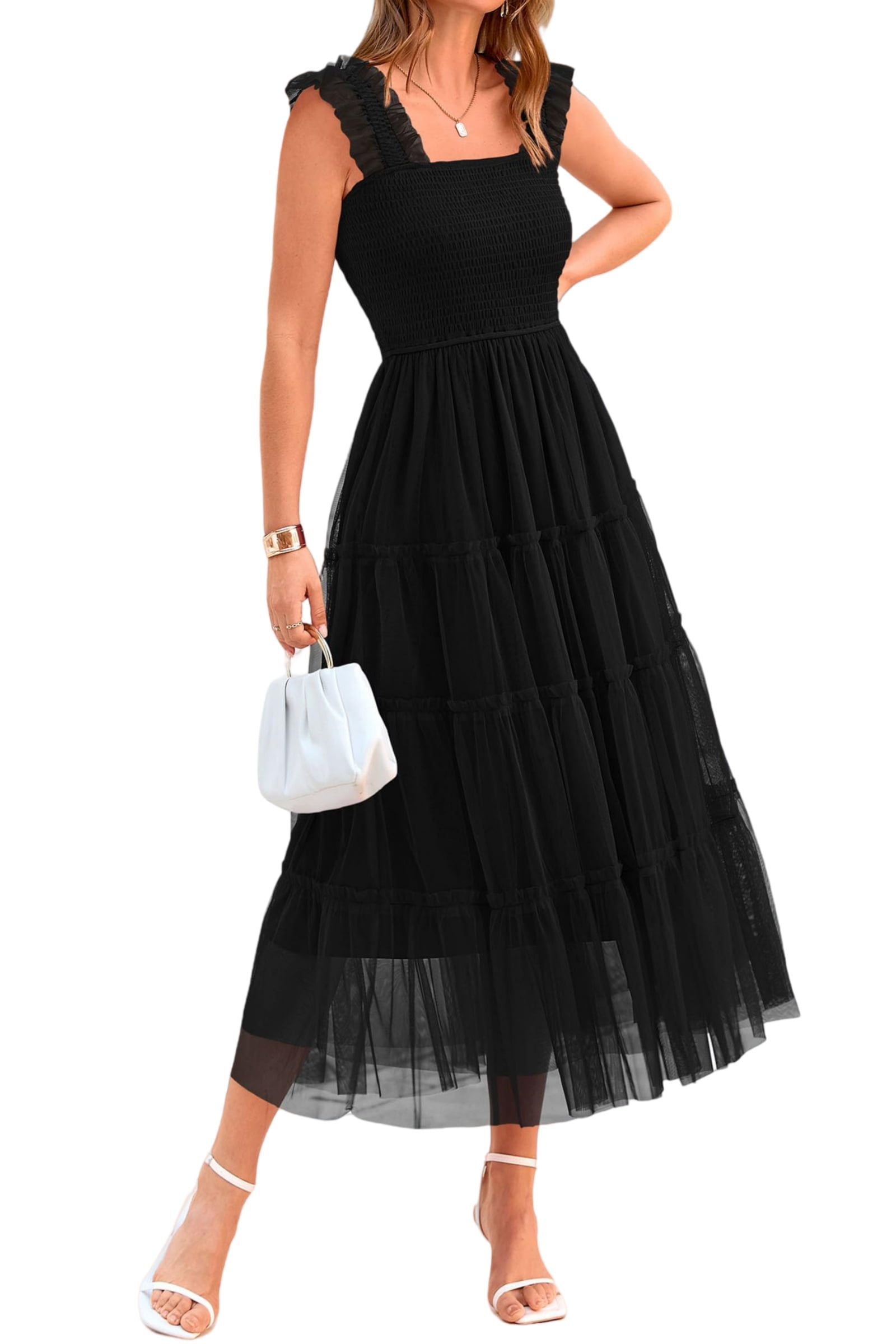 Walmart Deals of Walmart Black Friday Deals 2025 - PRETTYGARDEN Women's Summer Midi Tulle Dress Sleeveless Smocked Square Neck Ruffle Flowy Party Wedding Guest Sundress