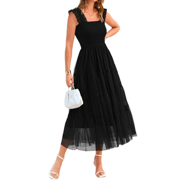 PRETTYGARDEN Women's Midi Tulle Dress Sleeveless Smocked Square Neck Ruffle Flowy Party Wedding Guest Sundress