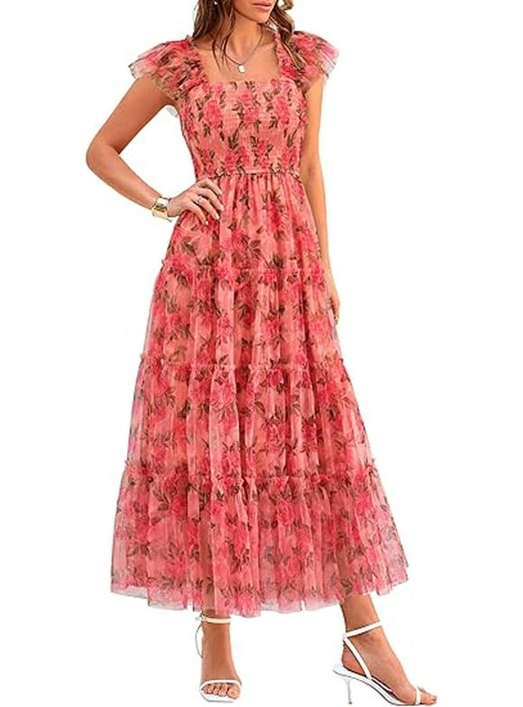 Women's Midi Tulle Dress Sleeveless Smocked Square Neck Ruffle Flowy Party Wedding Guest Sundress