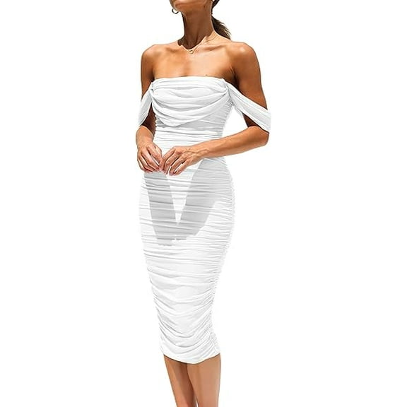 PRETTYGARDEN Women's Summer Off The Shoulder Dresses Sleeveless Ruched Fitted Cocktail Party Club Midi Bodycon Dress