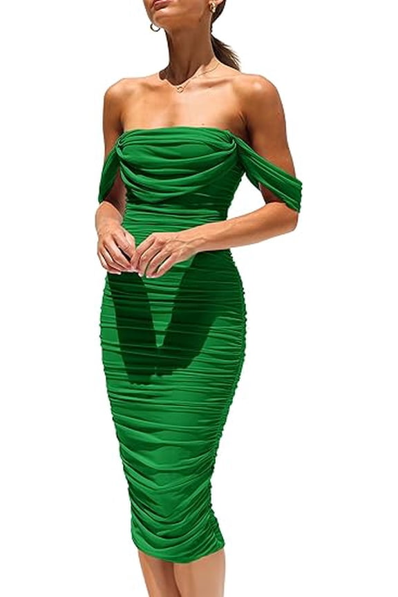 Women's Summer Off The Shoulder Dresses Sleeveless Ruched Fitted Cocktail Party Club Midi Bodycon Dress
