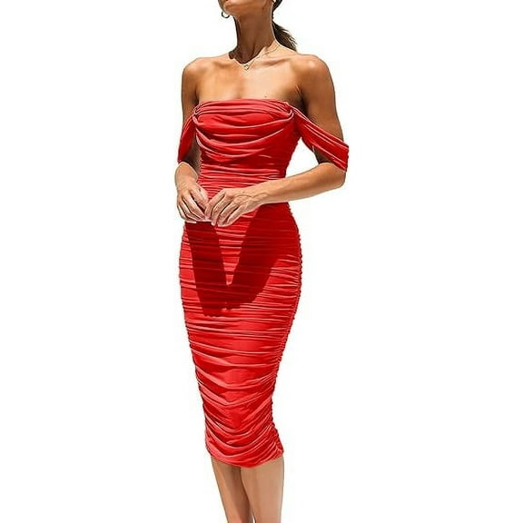 PRETTYGARDEN Women's Summer Off The Shoulder Dresses Sleeveless Ruched Fitted Cocktail Party Club Midi Bodycon Dress