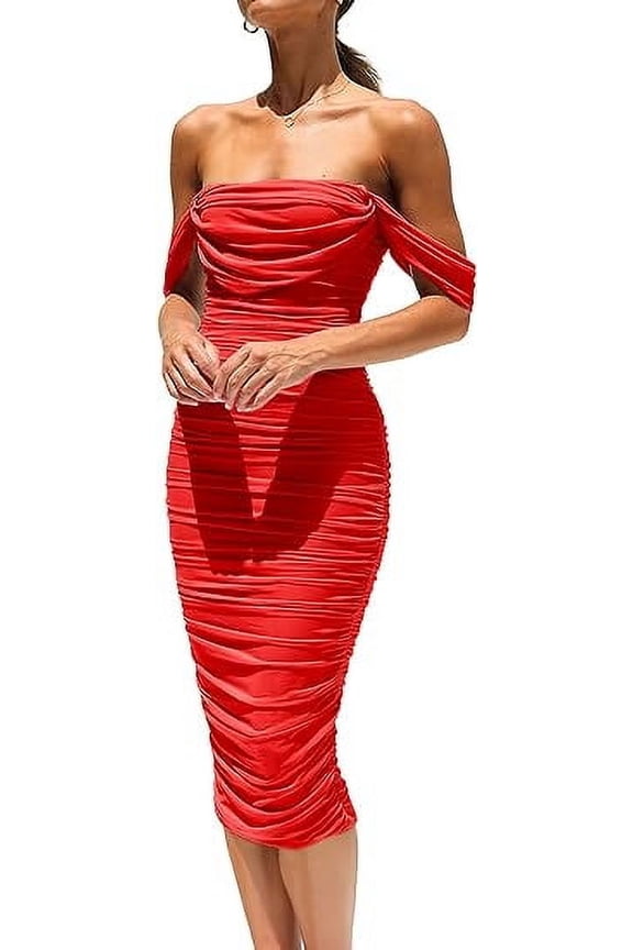Women's Summer Off The Shoulder Dresses Sleeveless Ruched Fitted Cocktail Party Club Midi Bodycon Dress