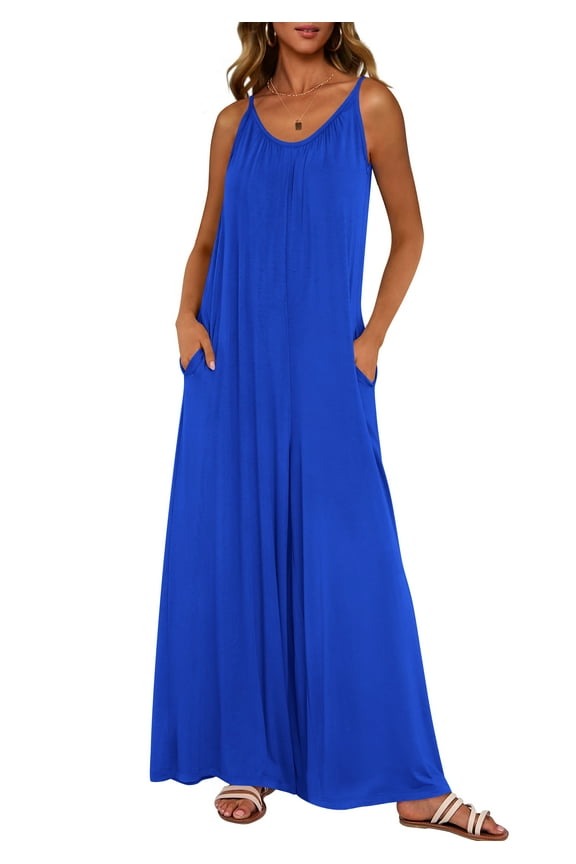 Women's Summer One Piece Jumpsuits 2025 Casual Spaghetti Strap Loose Wide Leg Long Pant Rompers With Pockets