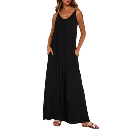 PRETTYGARDEN Women's Summer One Piece Jumpsuits 2025 Casual Spaghetti Strap Loose Wide Leg Long Pant Rompers With Pockets