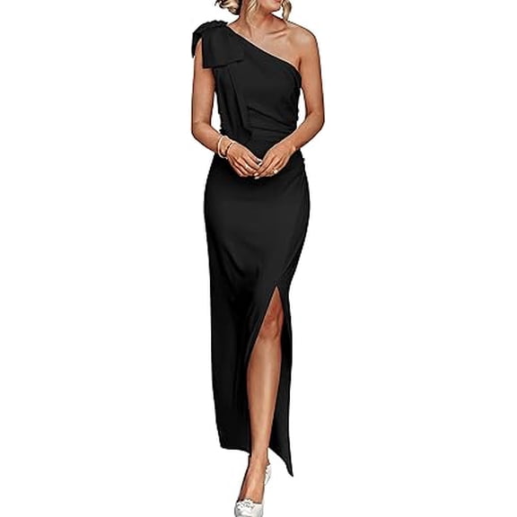 PRETTYGARDEN Women's Summer One Shoulder Long Formal Dresses Sleeveless Ruched Bodycon Wedding Guest Slit Maxi Dress