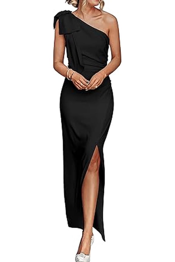Women's Summer One Shoulder Long Formal Dresses Sleeveless Ruched Bodycon Wedding Guest Slit Maxi Dress
