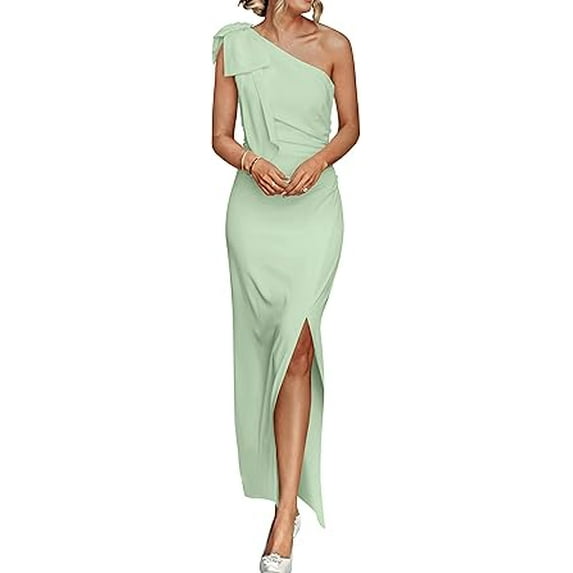 PRETTYGARDEN Women's Summer One Shoulder Long Formal Dresses Sleeveless Ruched Bodycon Wedding Guest Slit Maxi Dress