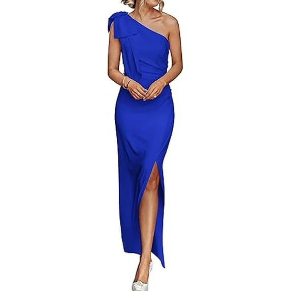 PRETTYGARDEN Women's Summer One Shoulder Long Formal Dresses Sleeveless Ruched Bodycon Wedding Guest Slit Maxi Dress